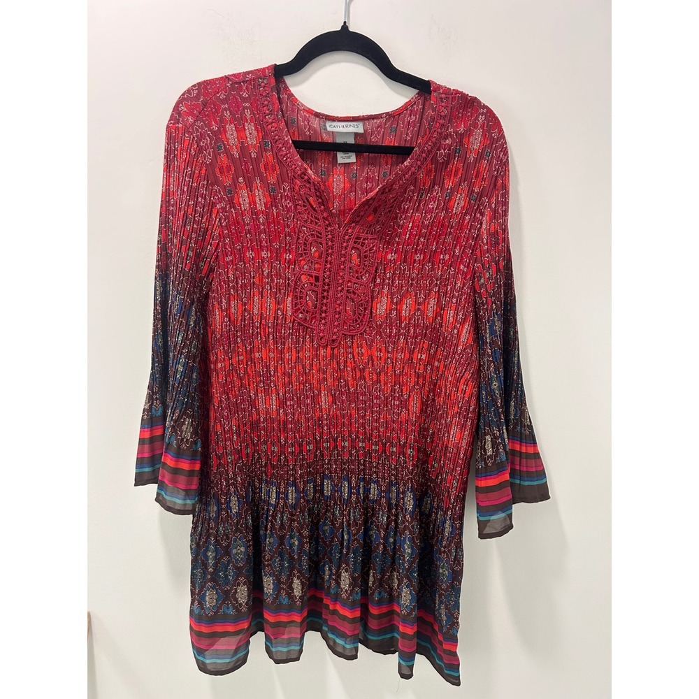 Catherines Red Boho Medallion Pleated Tunic Top Crochet Lace 3X 26/28W